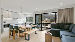 Kitchen, dining, living