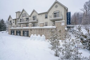 Winter view of the exterior blanketed in fresh snow