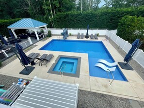 Heated 40ft Pool with Shallow Entry, 8 Person 100 Degree Spa & Pool Slide.