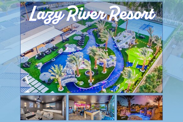 Welcome to Lazy River Resort, a one-of-a-kind luxury escape featuring a private lazy river, double slides, waterfalls, and an epic arcade game room.