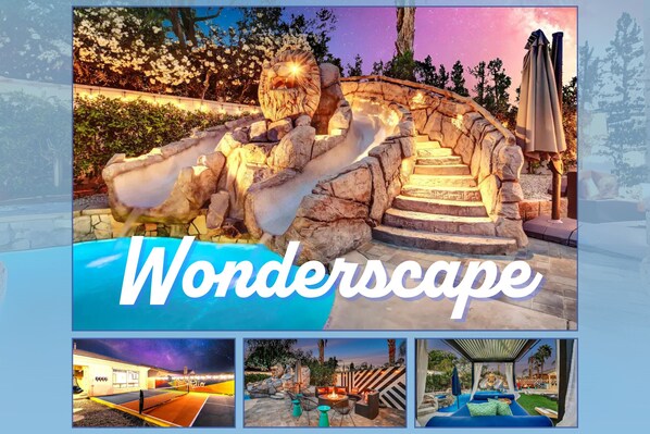 Welcome to Wonderscape – A luxurious estate with thrilling water slides, game room, fire pits, and more. Perfect for unforgettable group getaways.