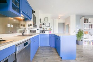 cuisine ouverte, équipée (lave-vaisselle, frigo, four...)