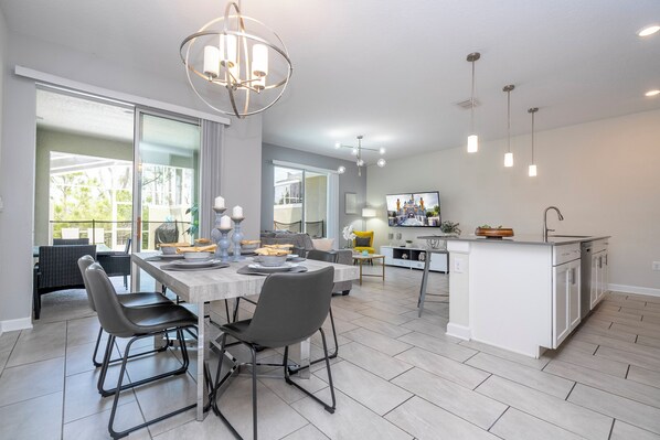 A fully equipped and comfortable kitchen ready for family gatherings where you can feel as cozy as home. Microwave, oven, dishwasher, refrigerator and stove available for you to cook.