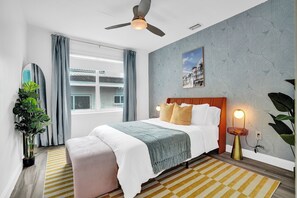 Hotel-like beddings for the bedroom with ceiling fan