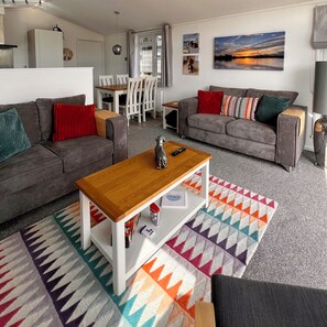A bright, open-plan living space features two comfortable sofas arranged around a coffee table centred on a rug.  A 55-inch smart TV offering Netflix, Prime, and Disney+ completes the cosy