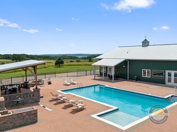 Outside area with pool, bbq, and beautiful scenery