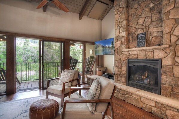 Living Area with Fireplace and Deck