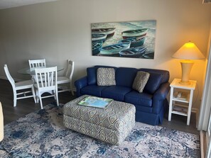 Compact, functional common area with a cozy feel