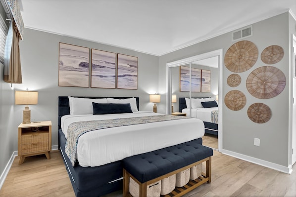 Newly remodeled unit! King sized bed with usb and usb c ports at each touch lamp.