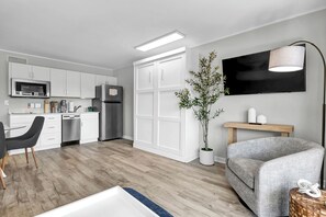 Open spaces. Pull down queen murphy bed with linens in the closet. This unit sleeps 4.