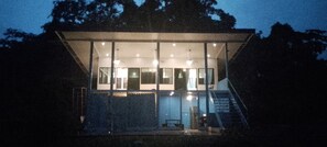 balcony has 3 ceiling fans with eight recessed ceiling lights on dimmer switches