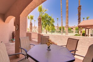 Private Patio | Outdoor Dining Area | 2 Balconies | Tennis Court Views