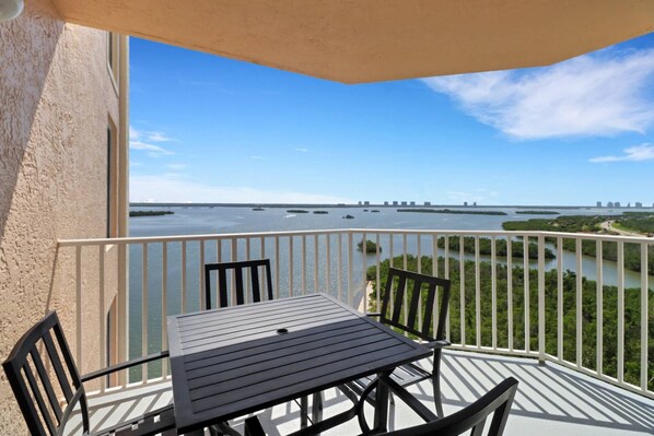 From the open balcony you will enjoy views toward Bonita Springs and beyond, looking across the Bay.