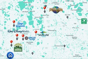 Top attractions near to the property, like Disney World, Universal Orlando Resort, and SeaWorld.