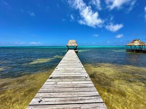 Our dock above the crystal clear waters of Ambergris Caye.