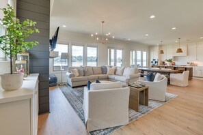 Living Room | Fireplace | Flat-Screen TV | Lake Views | 1st Floor