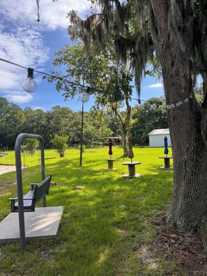 Entertainment area by the pond. 