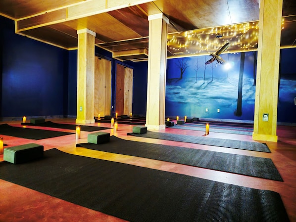 Welcome! Find a Wellness Shala at the Art Lodge. Ideal for movement, body weight workouts, yoga, meditation, and collaboration. 16 -18 mats fit here.