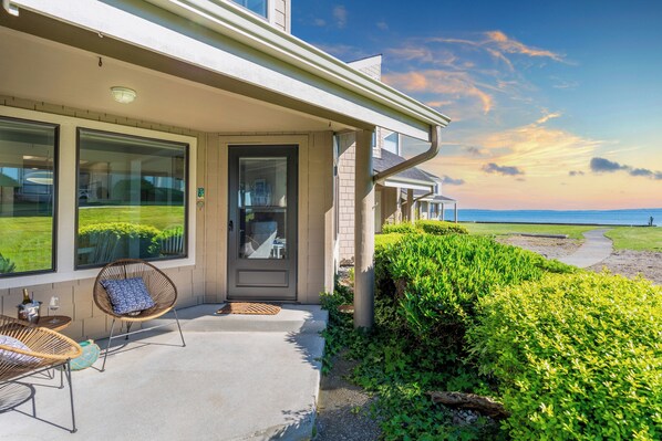 Patio with an ocean view.