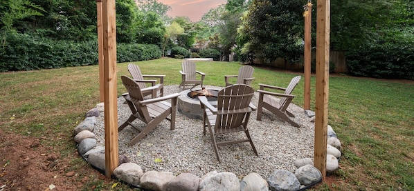 Enjoy the peace and tranquility of the largest backyard in Plaza Midwood. Nestled among the trees, you can enjoy roasting S’mores in the fire pit, soaking in the hot tub or challenging your friends and family to a game of disc golf.