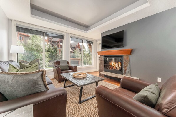 Living Room | Solara Resort B213 in Canmore, Alberta by Luxus Vacation Properties