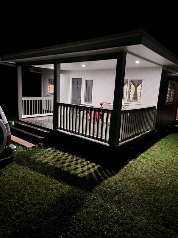 Exterior view at night. 