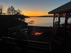 Sunset and firelight from the Gazebo deck and fire pit (shared with other guests)