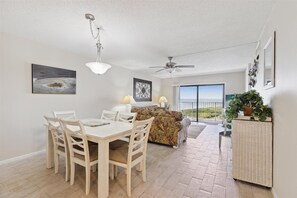 Spacious and comfortable dining area with an inviting atmosphere.