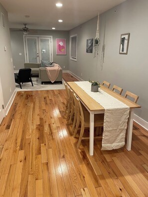 Dining room with table that seats six