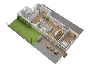 The first floor includes one bedroom, living room, kitchen, and bathroom.