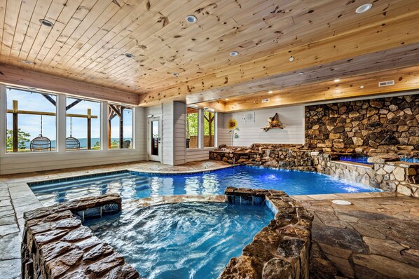 Take a dip in this custom indoor heated pool. Kiddie pool and whirlpool.