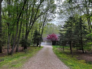 Private setting on 4 acres of wooden land with fenced yard. 