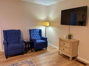 Living room with sofa bed, smart TV, and electric fireplace