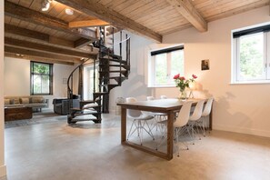 The kitchen and living room flow into each other