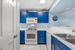 Cozy kitchen with vibrant blue cabinets.