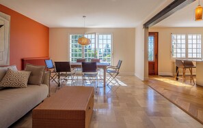 Living room with bay windows