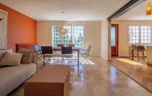 Living room with bay windows