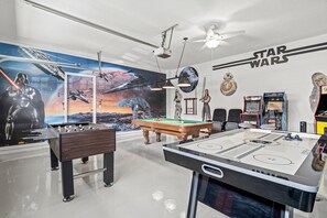 Table football, pool table and air hockey table