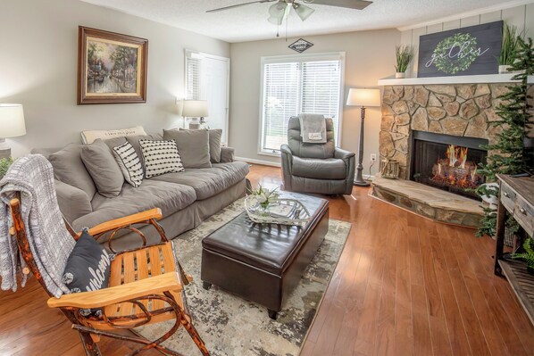 Cozy living room with new gas fireplace and smart TV