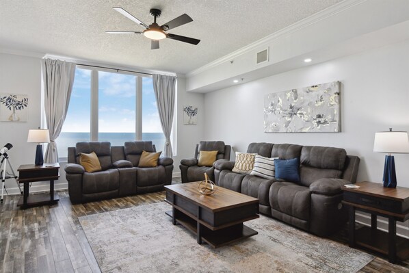 Living room with 11th story coastal views.