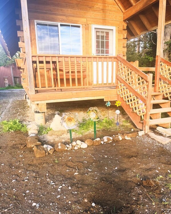 A view of the front porch of the cabin