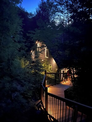 Lit stairwell from driveway to front door 