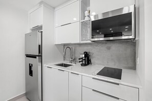 The unit includes a modern and sleek fully equipped kitchen.