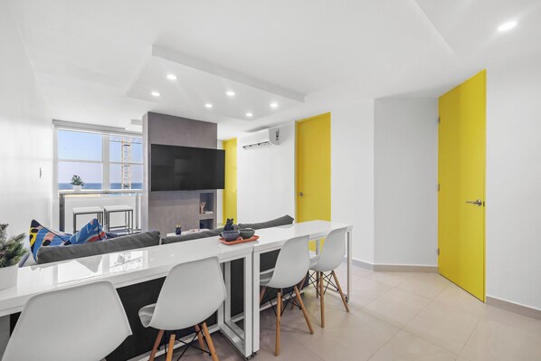 Modern and stylish living spaces with stunning yellow doors.