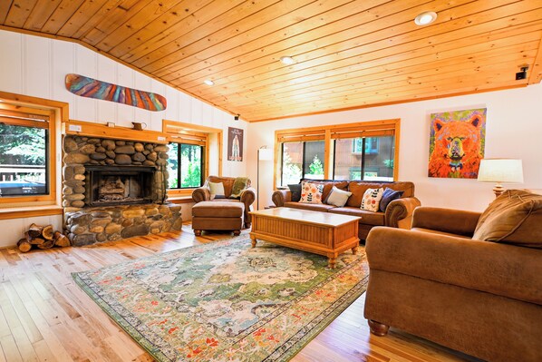 Wood burning fireplace. Brand new solid hickory flooring.
