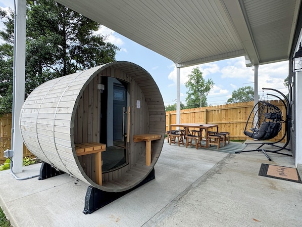 A sauna?!? Yes. A four person barrel sauna.