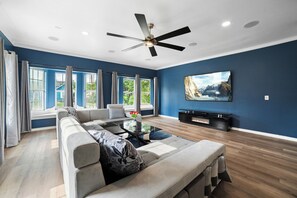 Living Room with 85" Samsung 4K TV and Dolby Atmos Surround Sound