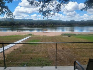 Backyard with concrete walkway