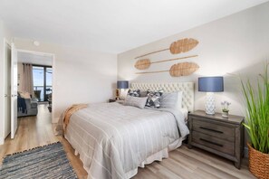 Relax in the king bed after a long day of vacationing.
