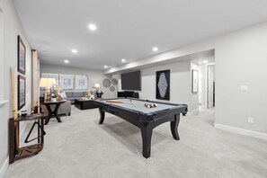 2nd Living Space - Pool Table, Bar, TV and Seating (Basement)